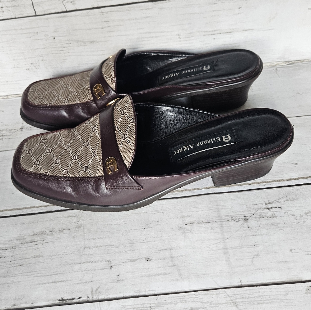 Etienne‎ Aigner Maroon Leather And Textile Mules Size 9